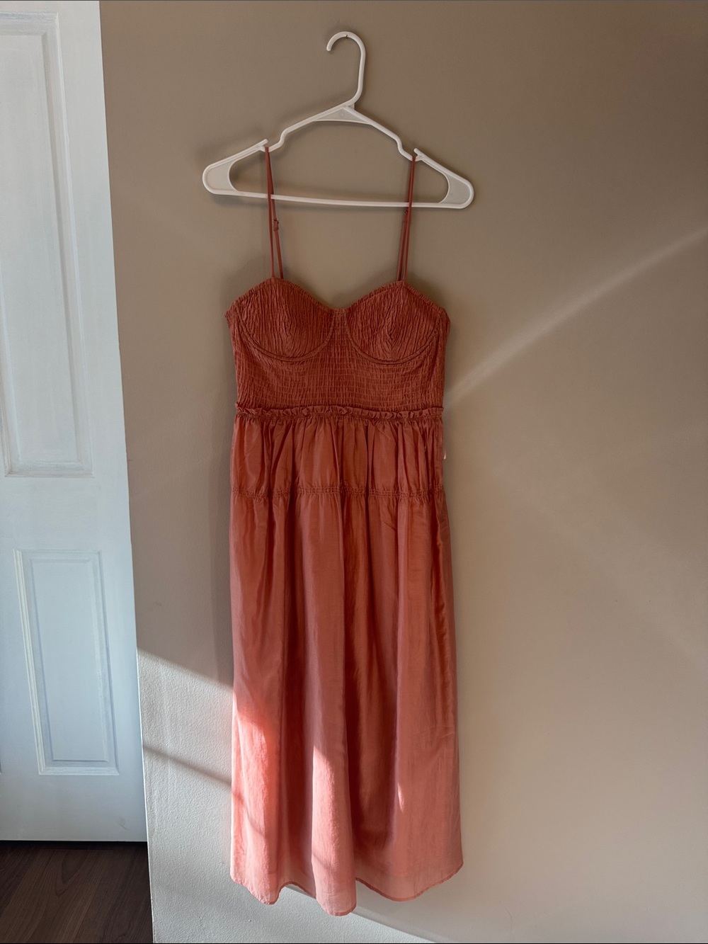 Crescent Coral Midi Dress with Smocked Bust